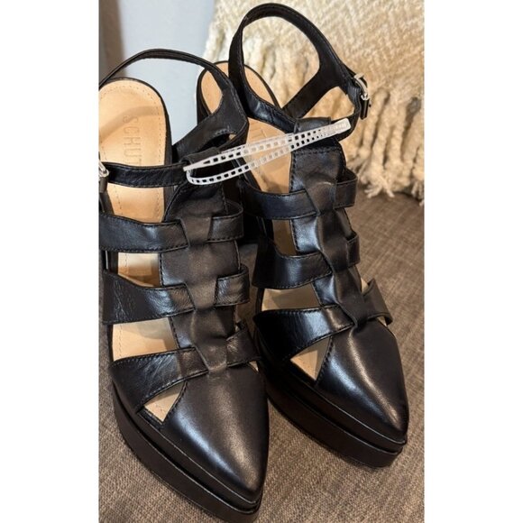 SCHUTZ 7.5 DARYL PLATFORM Deluxe Napa Black Caged Pointed Toe Heel Sandal - Picture 6 of 12